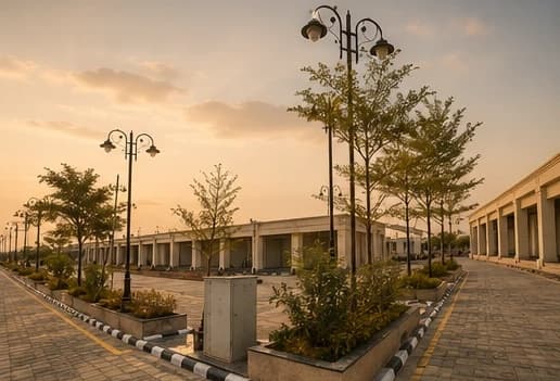 Brick-paved boulevard with street lamps outside the arcade
