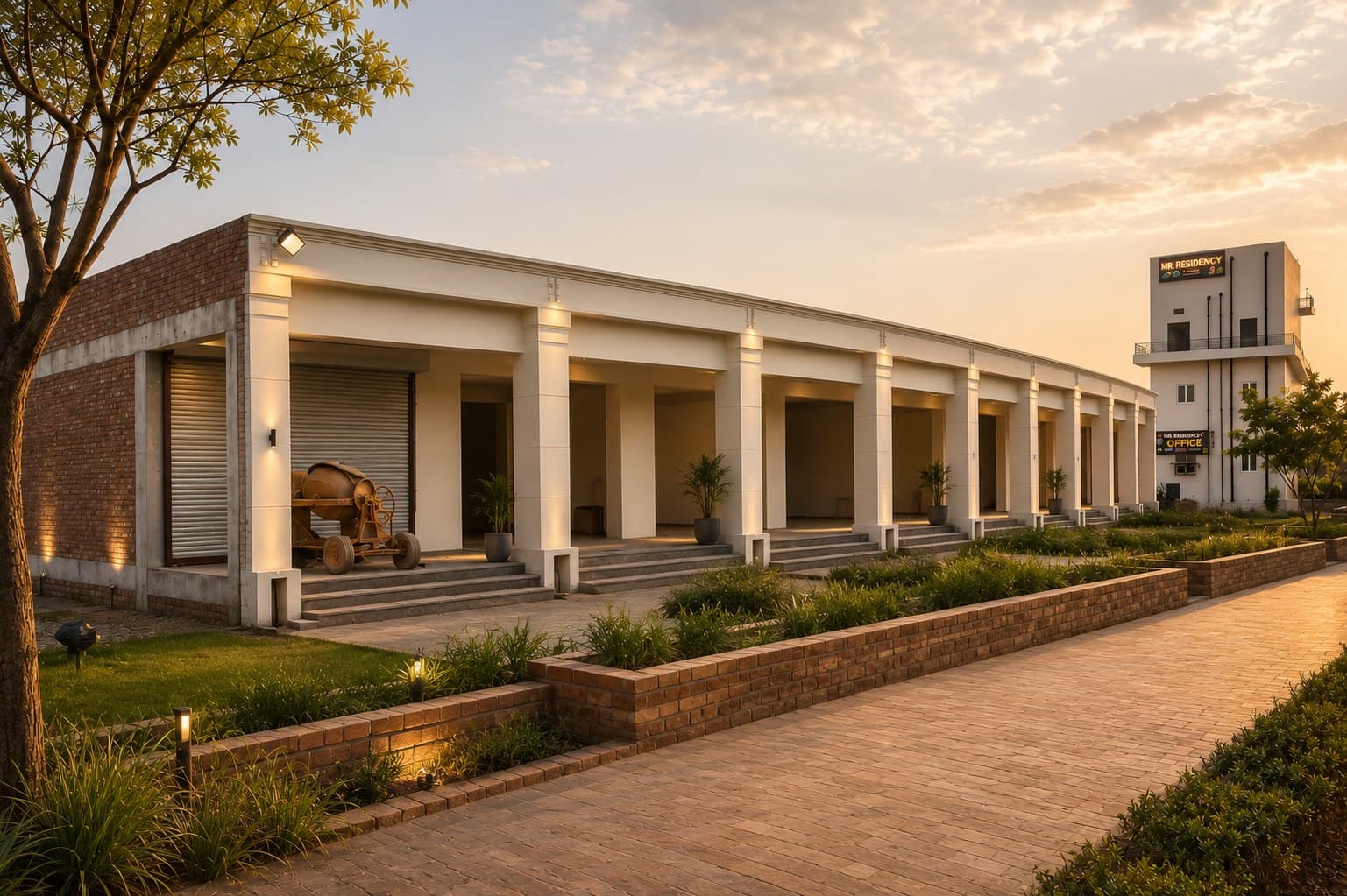 CCM City Walk retail colonnade at golden hour, Hanumangarh
